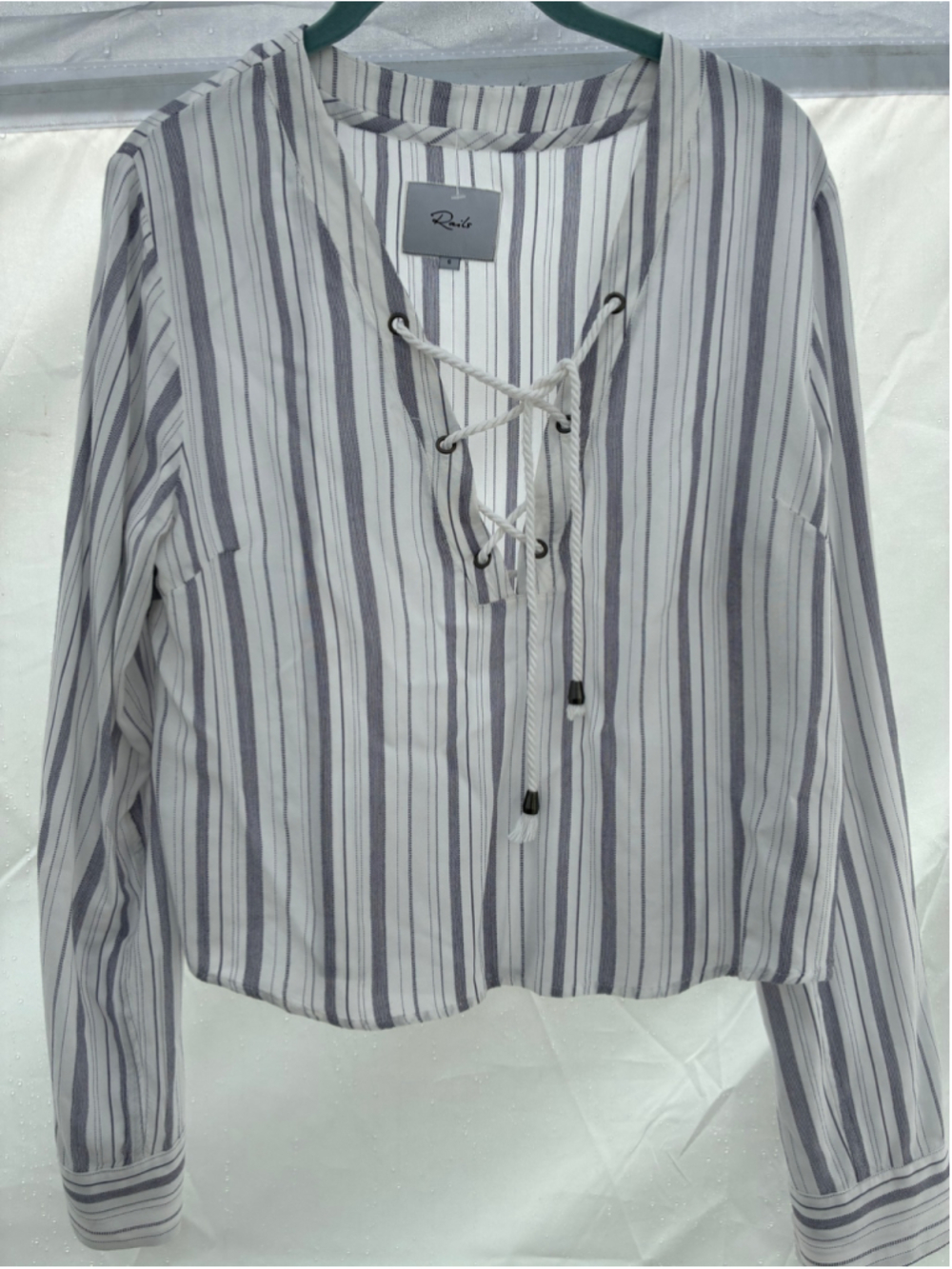 Women's Rails White & Blue Striped Lace-Up Blouse S